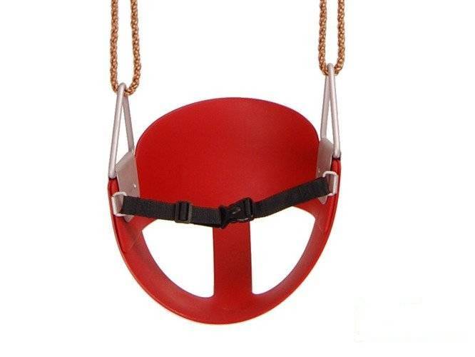 Red flexible toddler bucket swing seat with safety strap