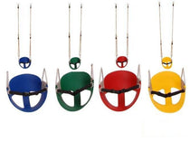 Flexible toddler bucket swing seats in blue, green, red and yellow