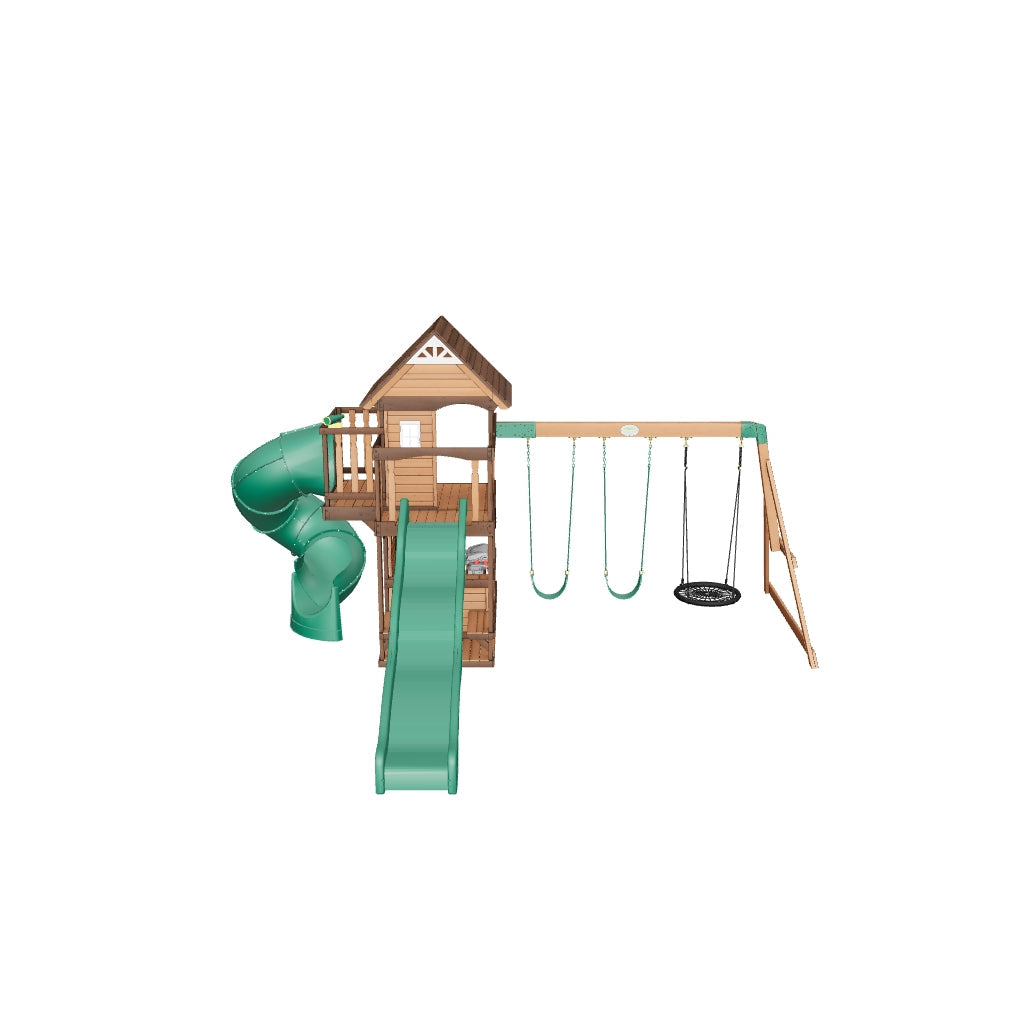 3D model of the Cedar Cove cedar swing set, viewable in your garden with AR