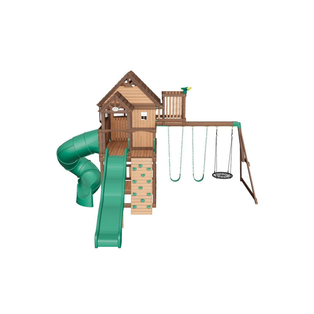 3D model of the Skyfort cedar swing set with tube slide, viewable in your garden with AR